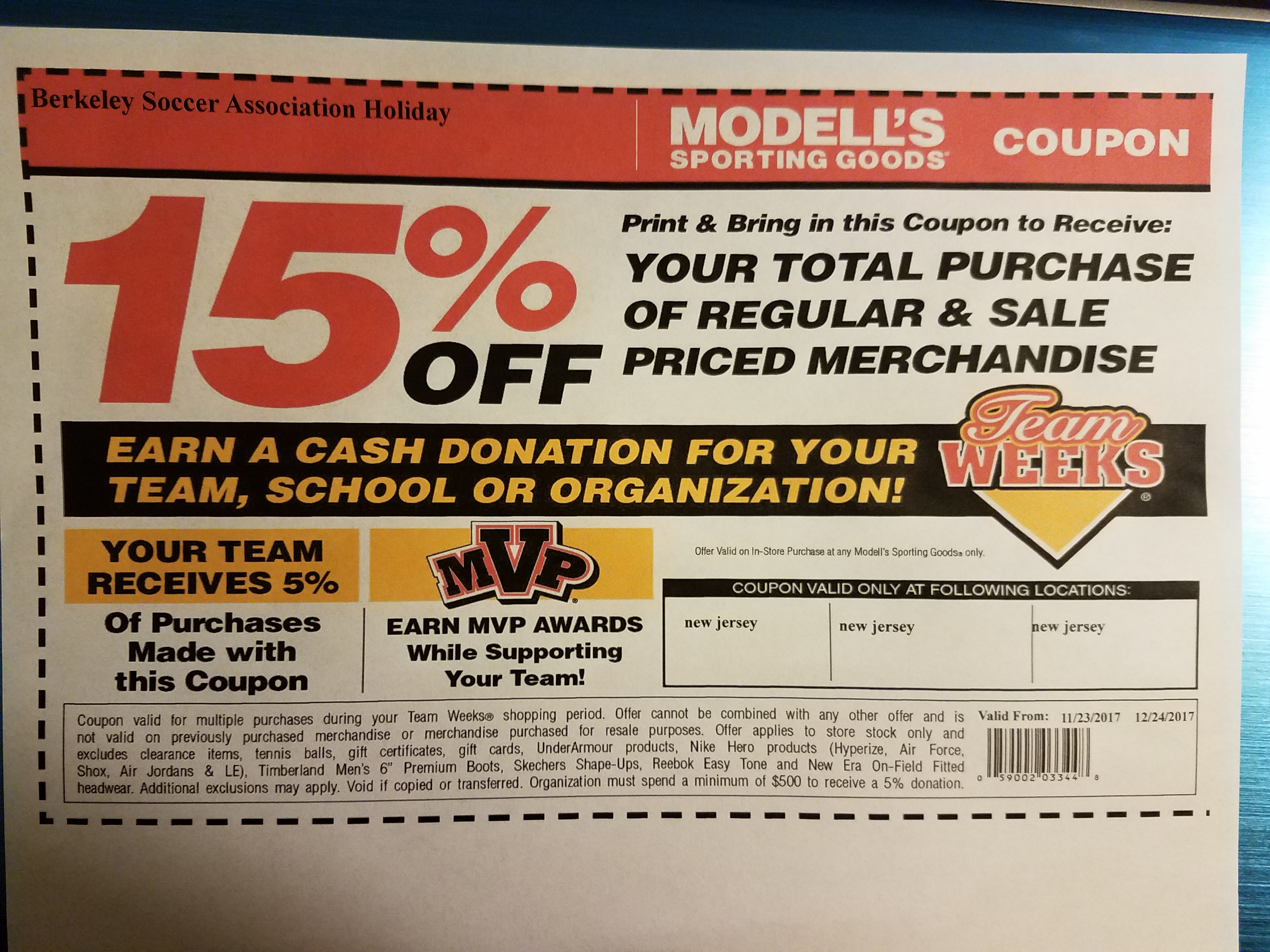 Team Week at Modell's!! 15% off November 23 through December 24!!